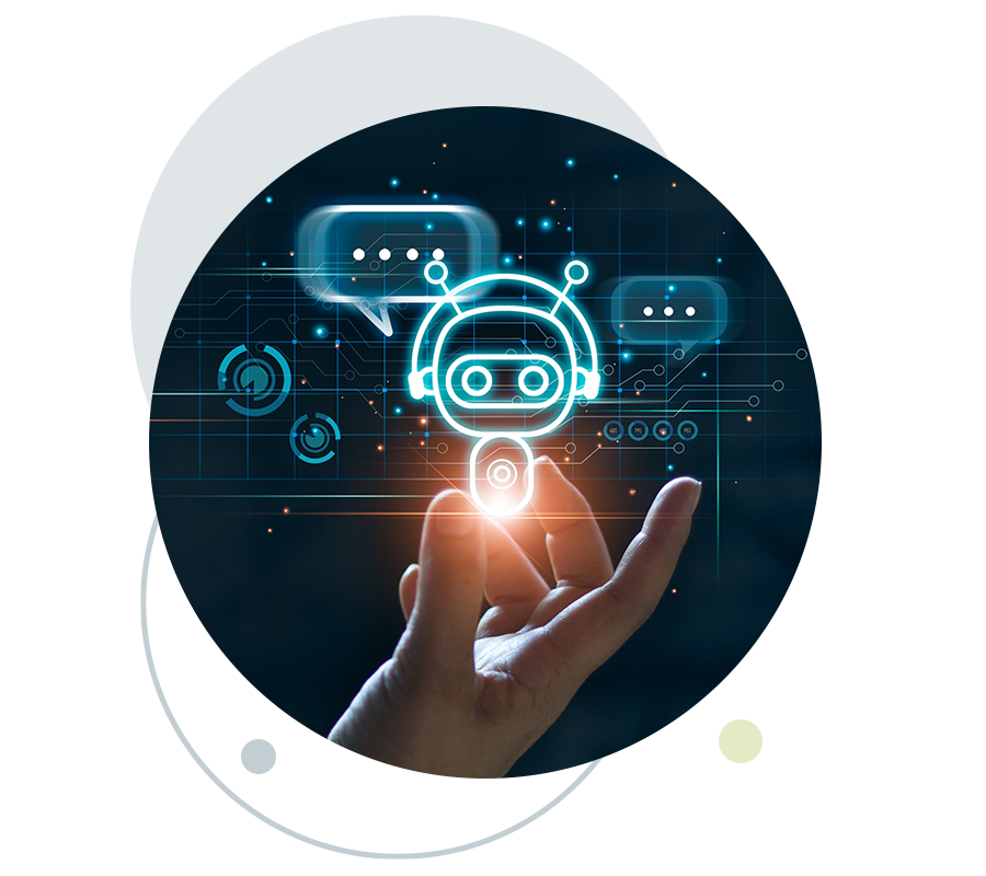 Connect Mobile’s Genius Bots logo with the words “Create your own chatbot with Genius Bots.” As well as a circular image that includes a hand gesturing towards a digital hologram of a chatbot.