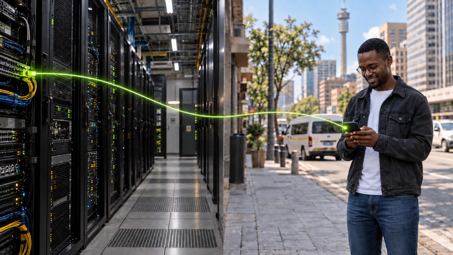 A neon-green fibre line running from a data-centre rack to a smartphone on a Johannesburg street